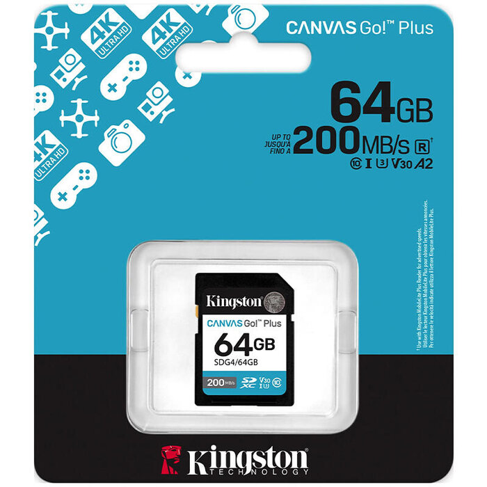 Flash Card/ Kingston Canvas Go Plus 64GB SD Card | Up to 200MB/s | Class 10, UHS-I, U3, V30 | SDG4/64GB